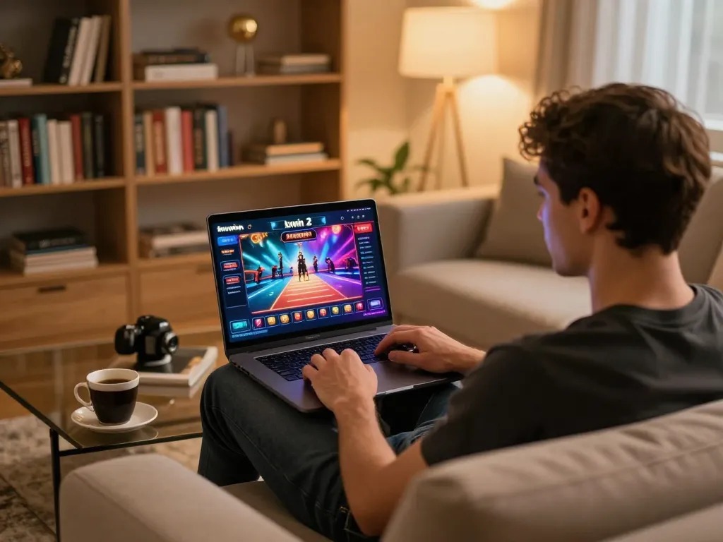 Gamer engaged with kuwin 2 online casino interface on laptop in a cozy living room.