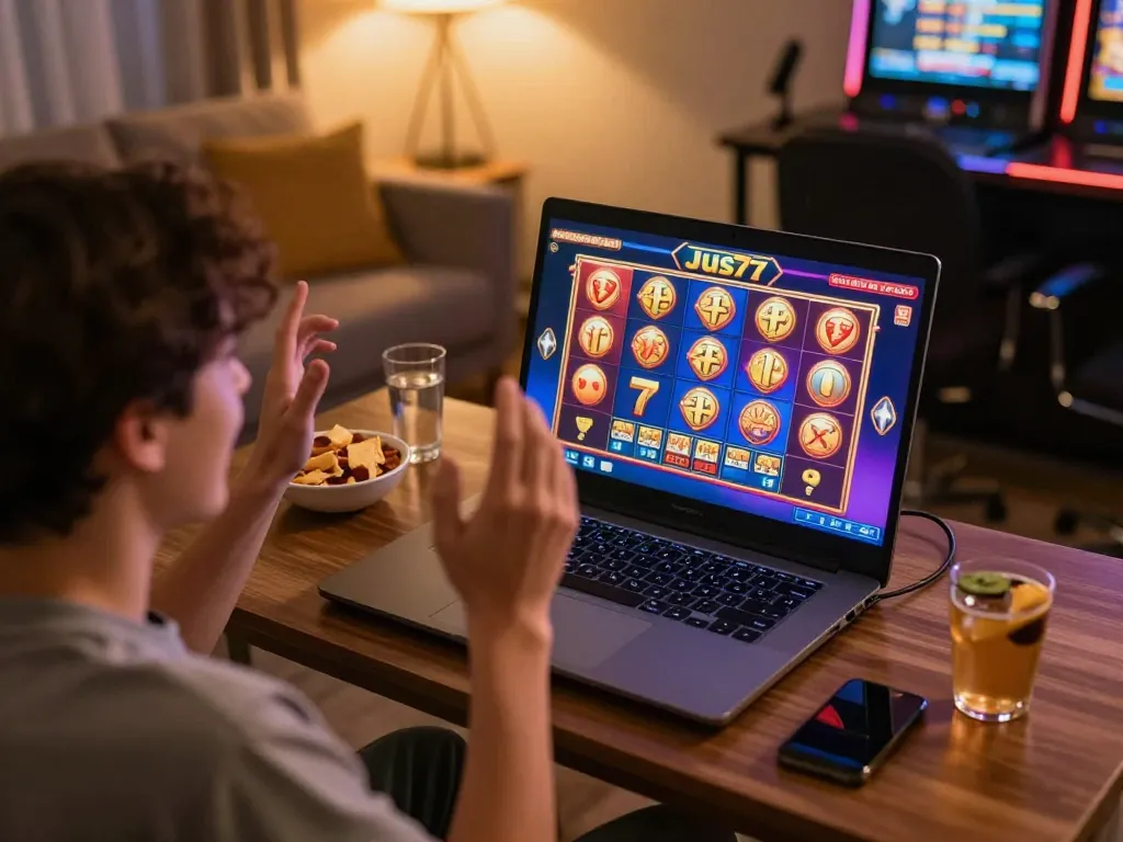 Experience the thrill of online slots with Jus77 as players celebrate wins in a cozy home setting.