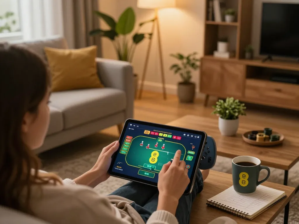 Person engaging in online gambling at ee88 on tablet, showcasing a comfortable home setup