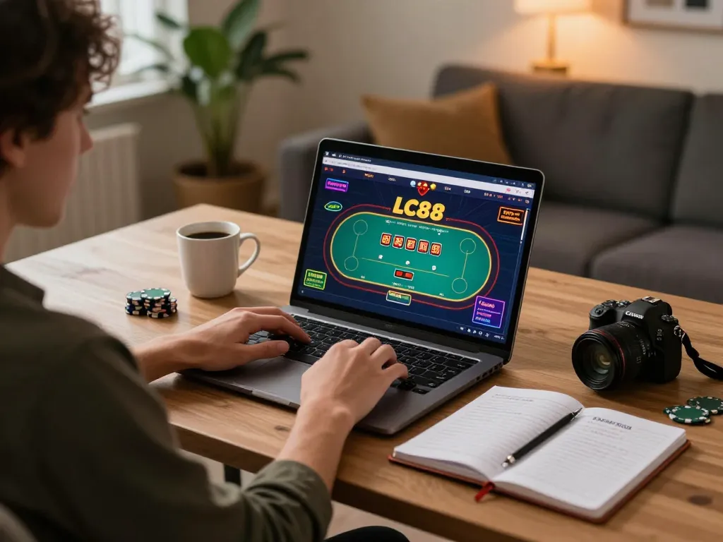 Player engaging with LC88 online poker game while analyzing strategy notes at home.