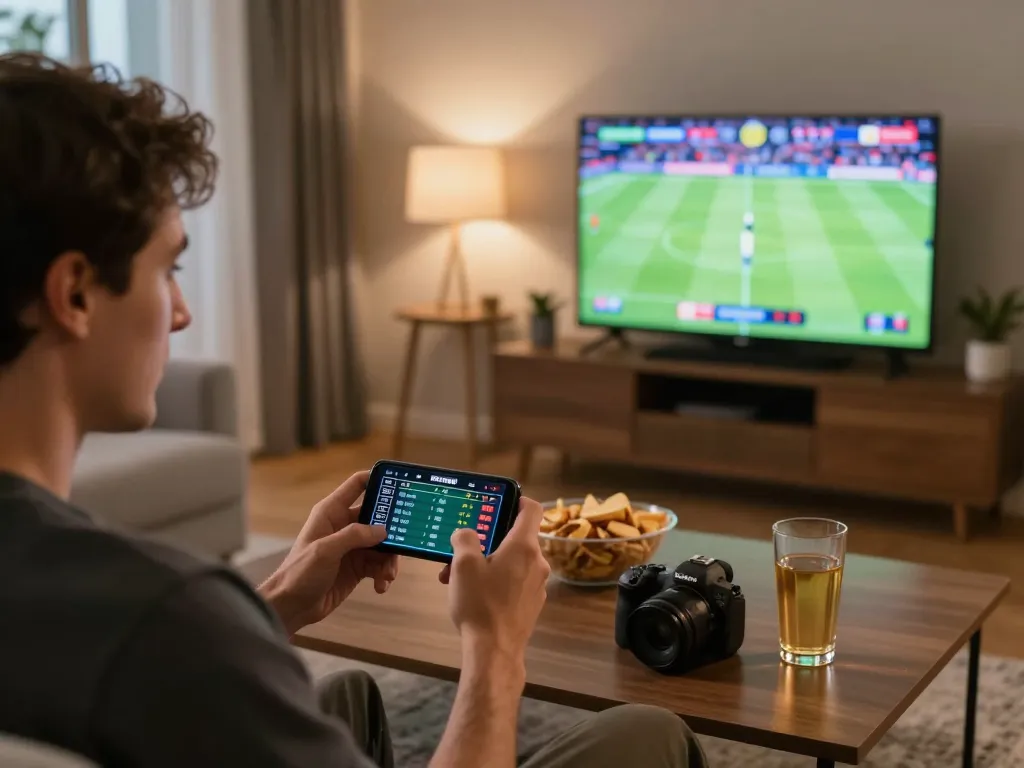 Engaged player placing live bets on MM88 while watching sports event at home