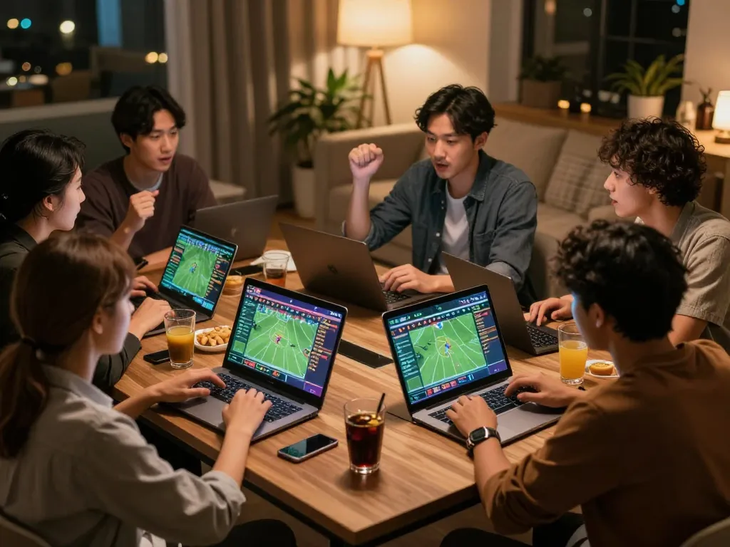 Engaged players experiencing KP88 sports betting at a vibrant home gaming setup