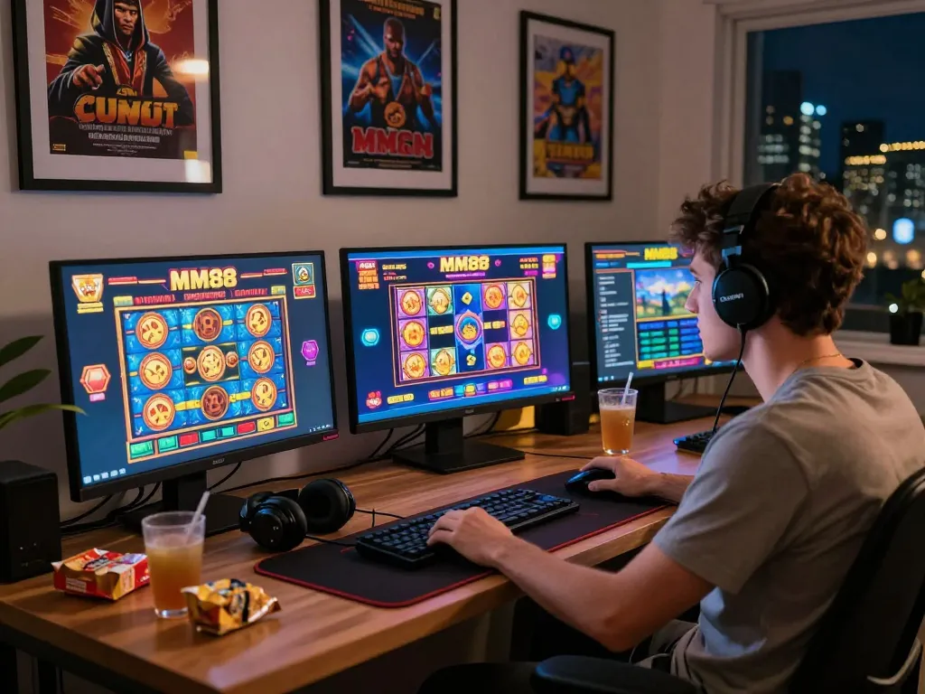 Player enjoying the MM88 online gambling experience at home with vibrant games displayed on screens.
