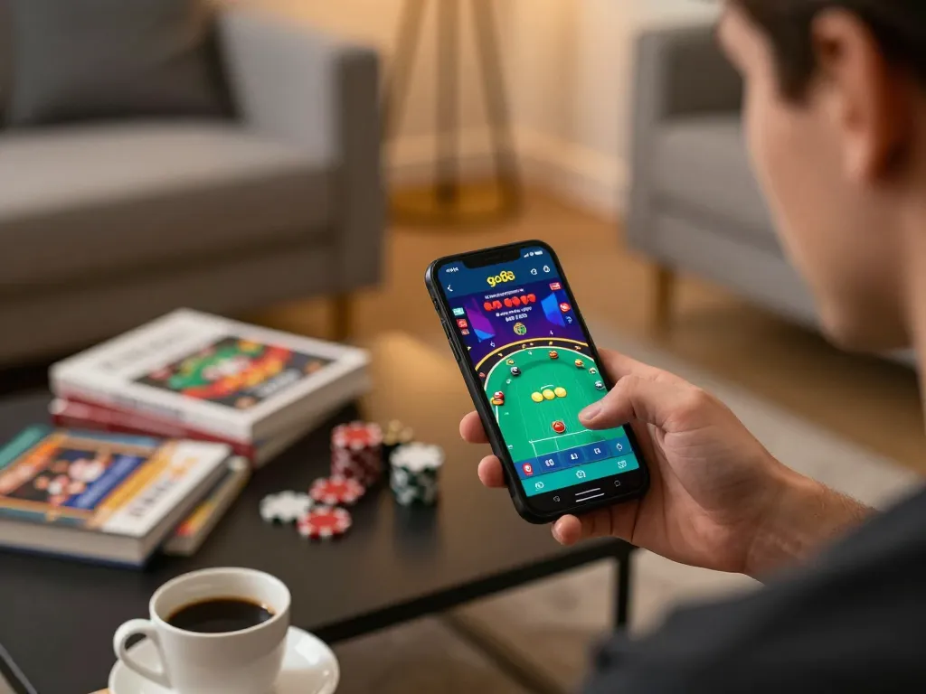 Player using go88 mobile app for online gambling in a cozy home setting, showcasing poker gameplay.