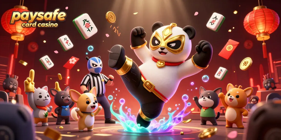 Dynamische Szene, die ein Paysafe Card Casino mit einem Panda-Wrestler, einem Schiedsrichter-Chihuahua und jubelnden Tierfans zeigt.