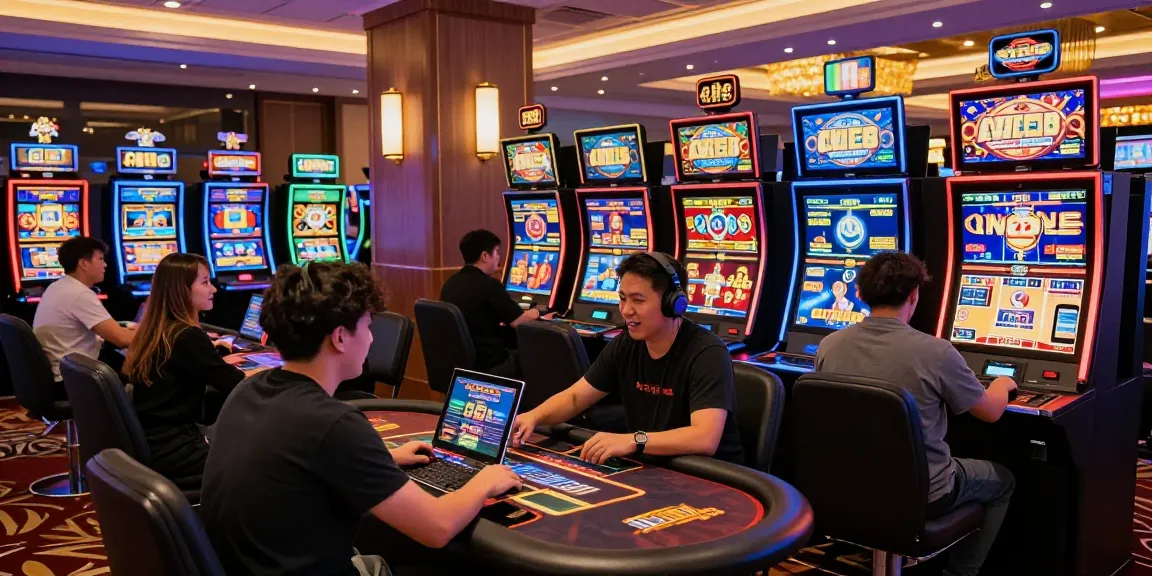 Atmosfera entusiasmante al casinò non AAMS con giocatori diversificati impegnati ai tavoli da gioco e a slot machine vivaci.