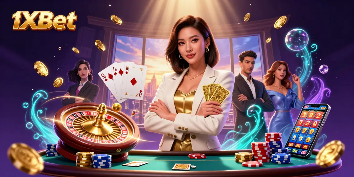 Experience thrilling gameplay with 1xBet, featuring an elegant businesswoman, poker elements, and vibrant casino action.