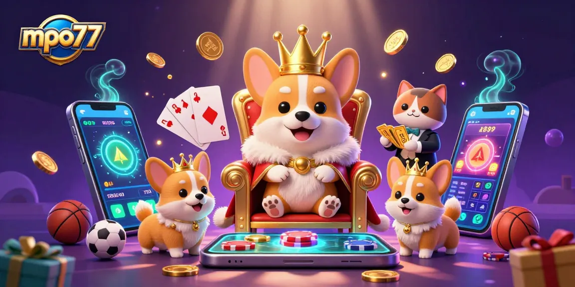 MPO777 enhances sports betting excitement featuring a royal corgi, cat butler, and dynamic betting elements.