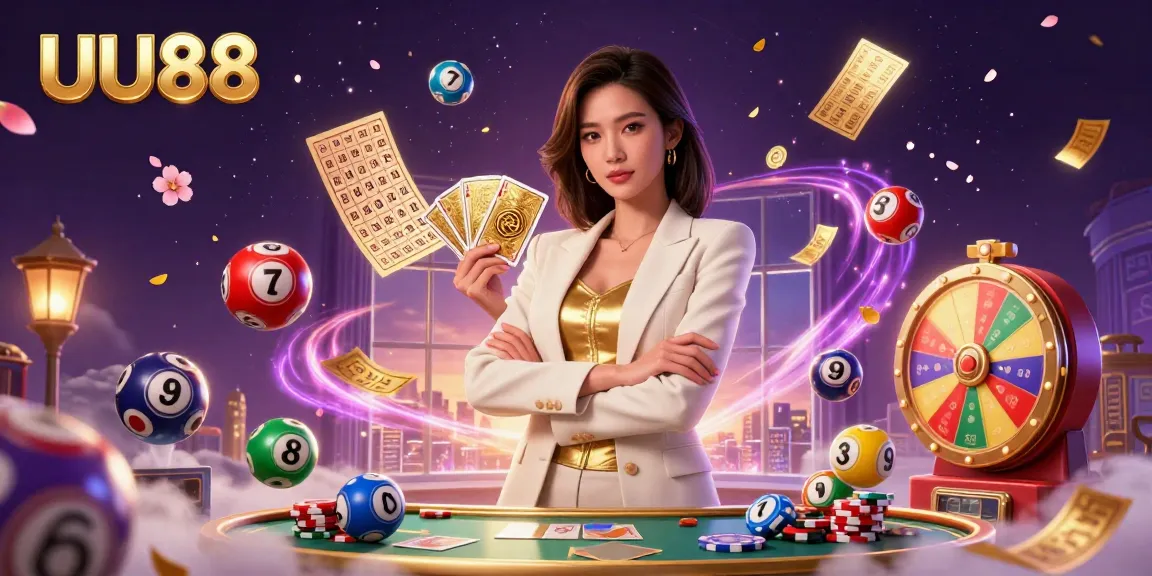 Experience thrilling gaming with UU88 featuring a glamorous woman and dynamic lottery elements in an elegant casino scene.