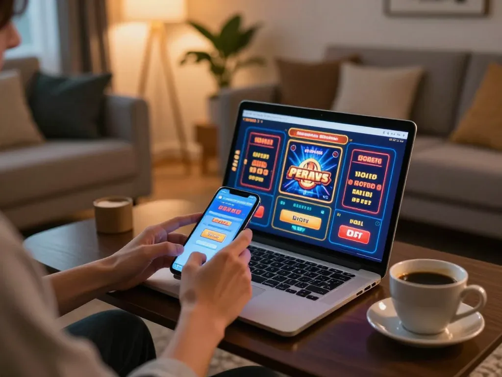Player enjoying B52 slot games on smartphone in a cozy living room with warm atmosphere.