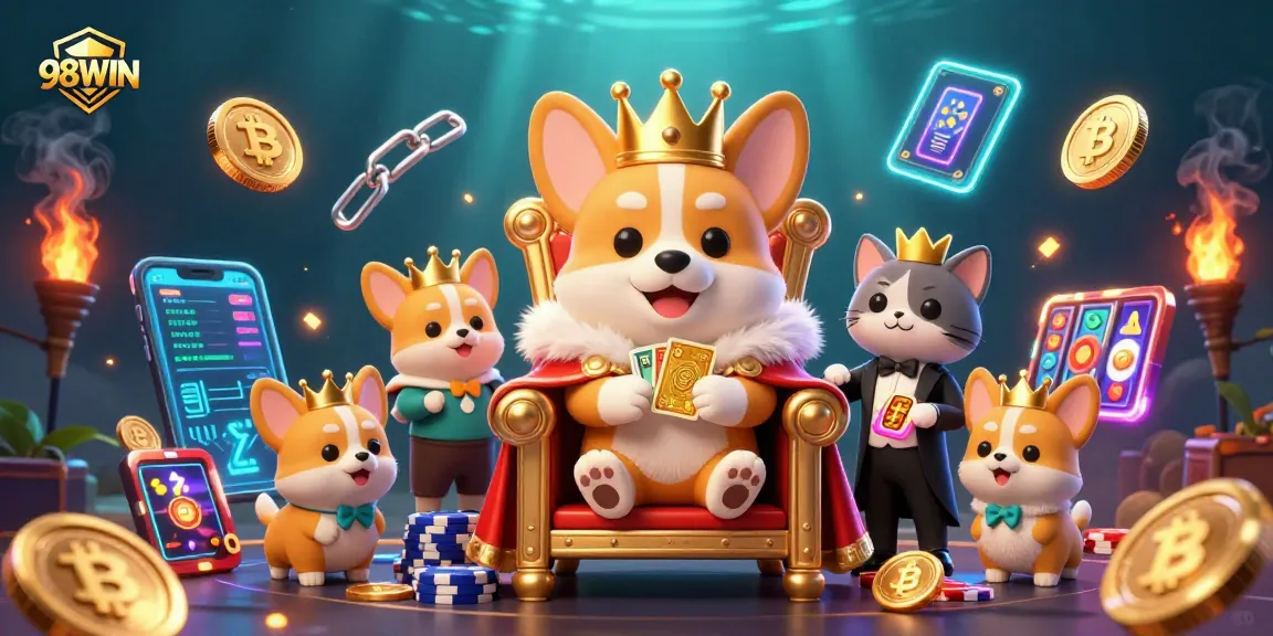 Experience 98WIN with an exciting royal corgi in an extravagant casino scene with vibrant gambling elements.