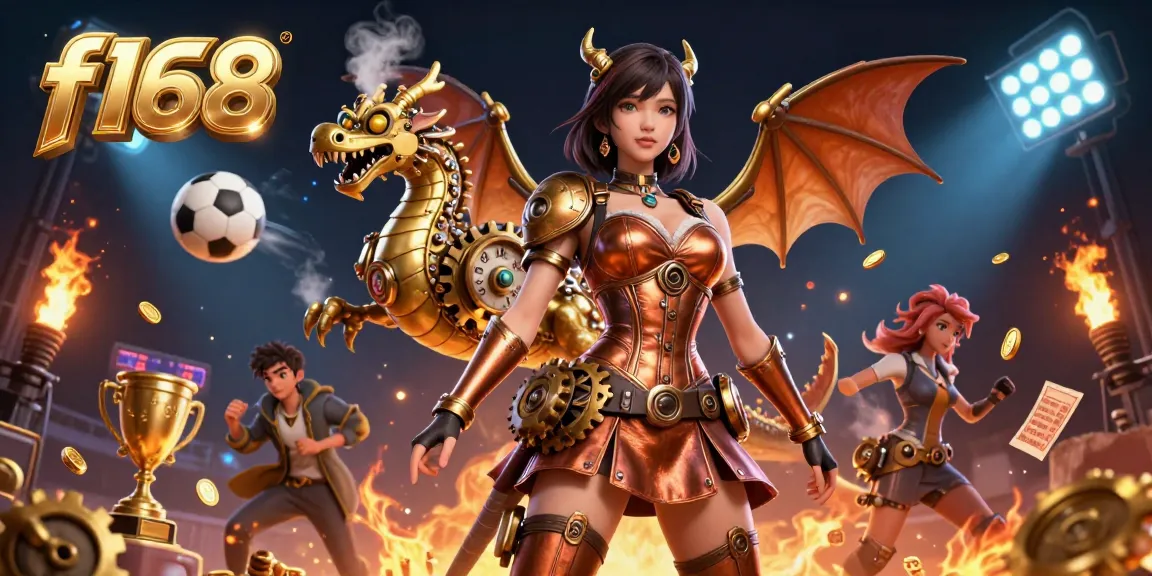 Experience thrilling gaming adventures at f168 with a dynamic scene featuring a captivating woman and a steampunk dragon.