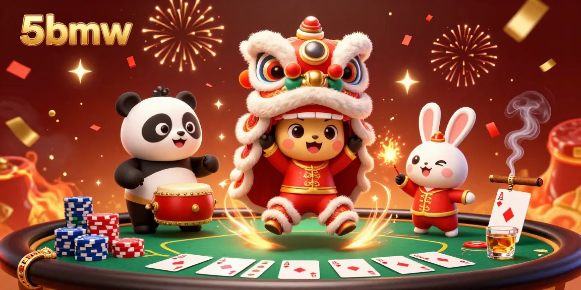 Experience exhilarating gameplay at 5bmw with a vibrant casino scene featuring a lively lion dance and poker table.