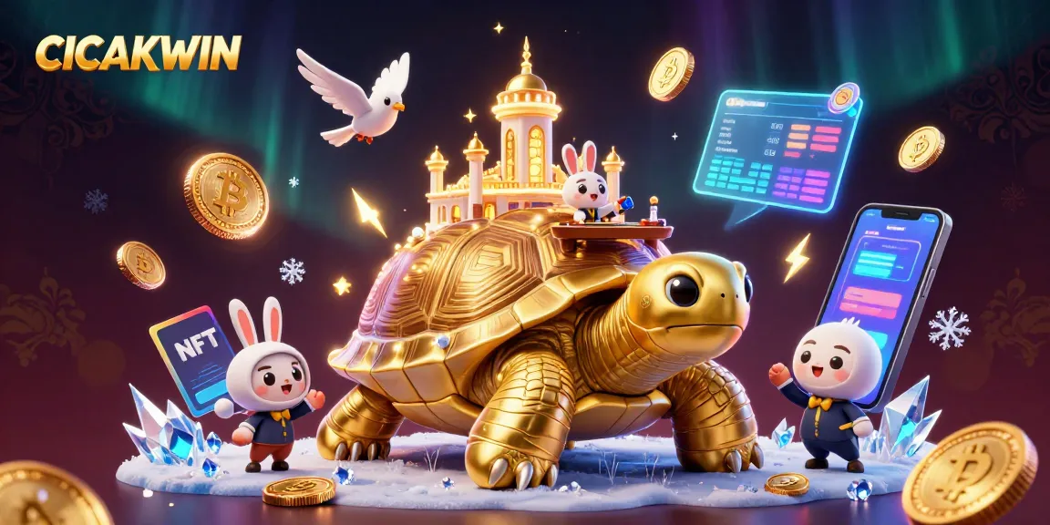 CICAKWIN showcases a vibrant 3D scene of a whimsical golden tortoise casino, combining playful elements of a rabbit dealer and flying coins