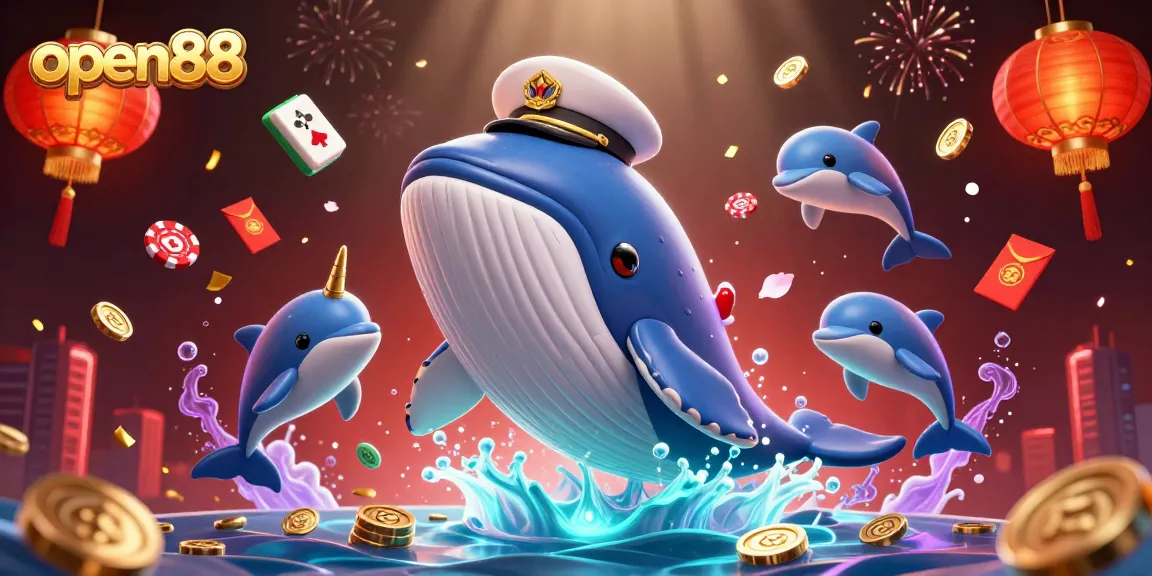 Experience open88 with a vibrant 3D casino scene featuring a whale captain and playful dolphins.