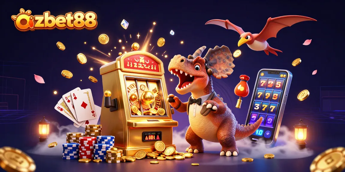 Winning at azbet88 with cartoon dinosaurs and a golden slot machine surrounded by coins and cards.