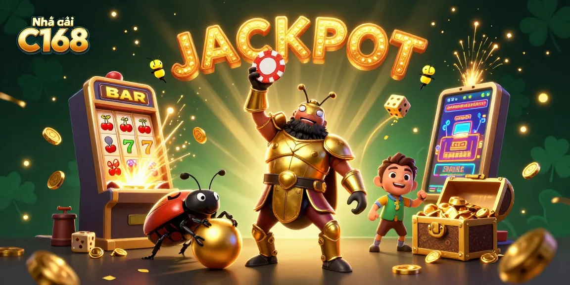 Engage with Nhà cái C168's vibrant casino experience celebrating a jackpot win with animated characters.