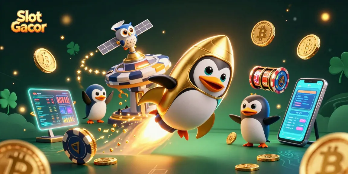 Experience the thrill of Slot Gacor with a rocket-powered penguin in a dazzling casino-themed 3D illustration.