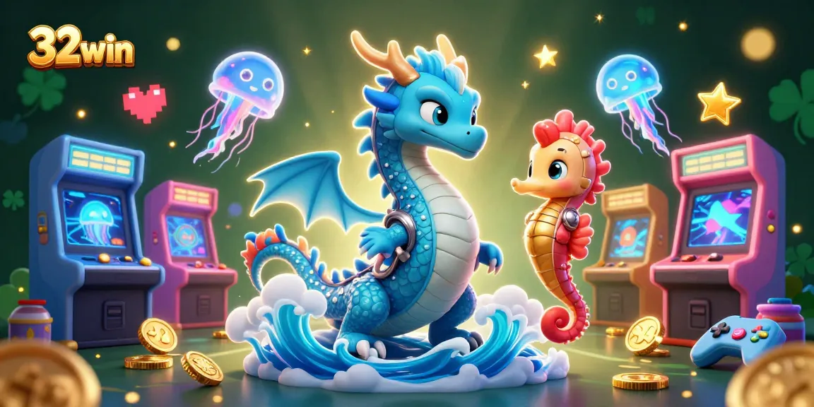 32win elevates your gaming with mesmerizing 3D illustration of a dragon and casino elements.