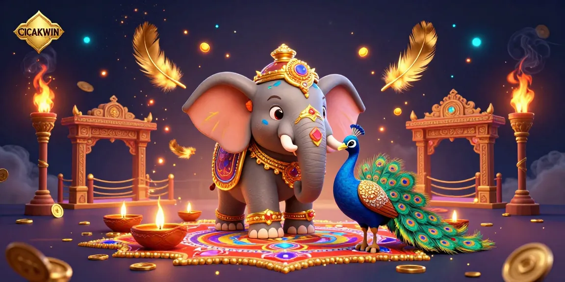 CICAKWIN showcases an energetic scene with a colorful Diwali-themed elephant and a peacock amidst dynamic casino elements, igniting excitement.