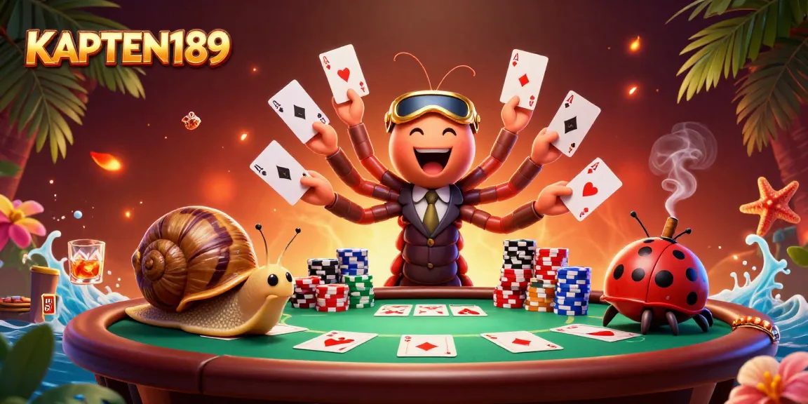 KAPTEN189 menampilkan dealer kartun yang mengagumkan dengan tangan menyebar kartu serta siput pembayar taruhan yang membawa chip besar.