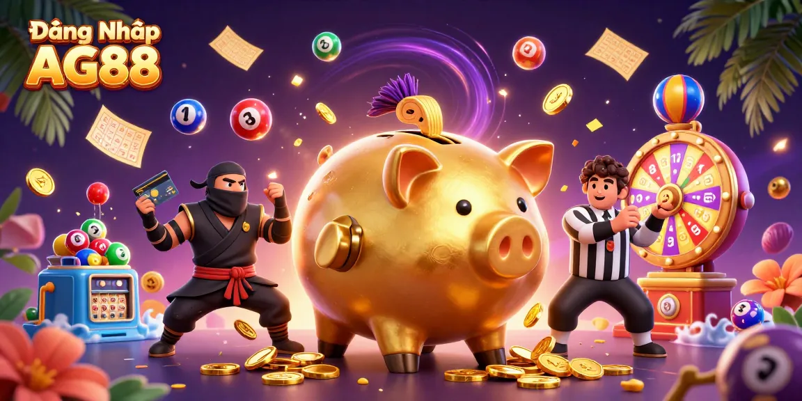 Join the excitement of Đăng Nhập AG88 as the golden piggy bank sumo wrestles while coins rain down.