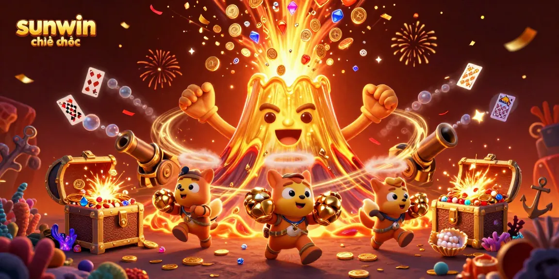 Engage with the thrilling world of sunwin chính thức, featuring a vibrant eruption of coins and treasures in a dynamic casino scene.