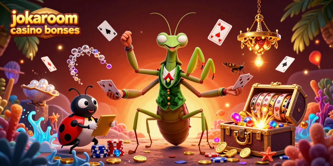 Experience jokaroom casino bonuses in a vibrant, action-packed illustration featuring a giant praying mantis card sharp.