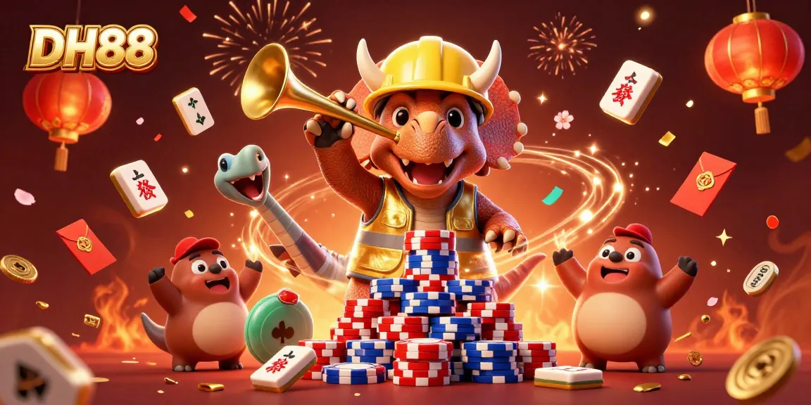 Experience thrilling gameplay at DH88 with a festive atmosphere, showcasing vibrant casino elements and animated characters celebrating.