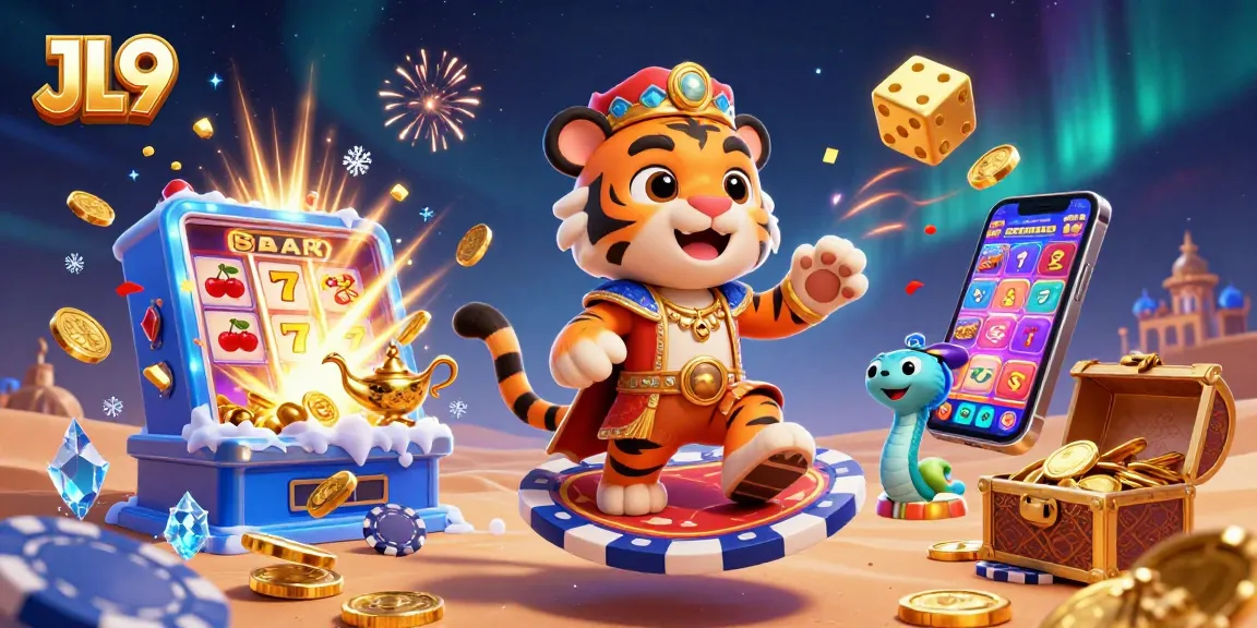 JL9 online casino scene illustrating a tiger sultan and genie with jackpot rewards and slot machines.