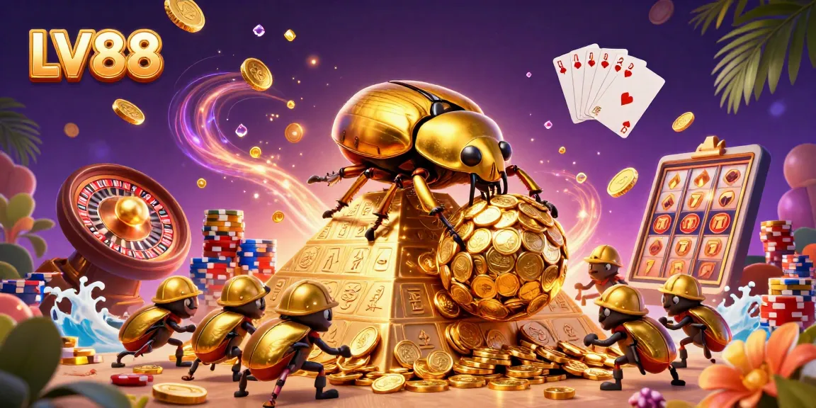 Experience LV88 with golden coins cascading around a giant beetle rolling riches up a casino pyramid.