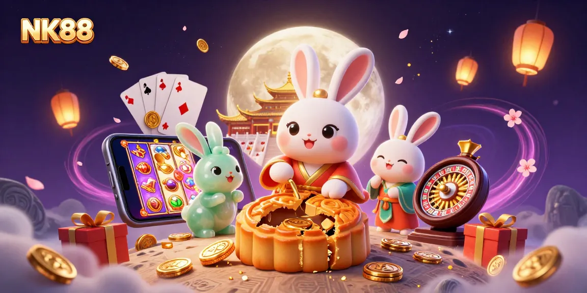 Experience NK88's vibrant gaming world with 3D characters in a dynamic casino illustration.
