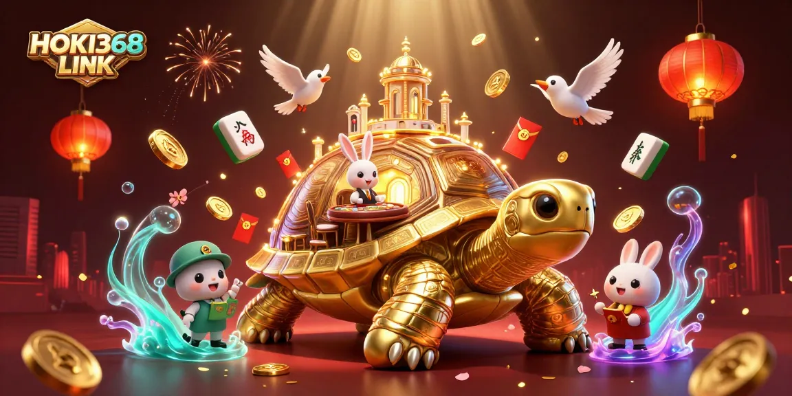 Experience the thrill of HOKI368 LINK with a dynamic casino scene featuring a golden tortoise and rabbit dealer.