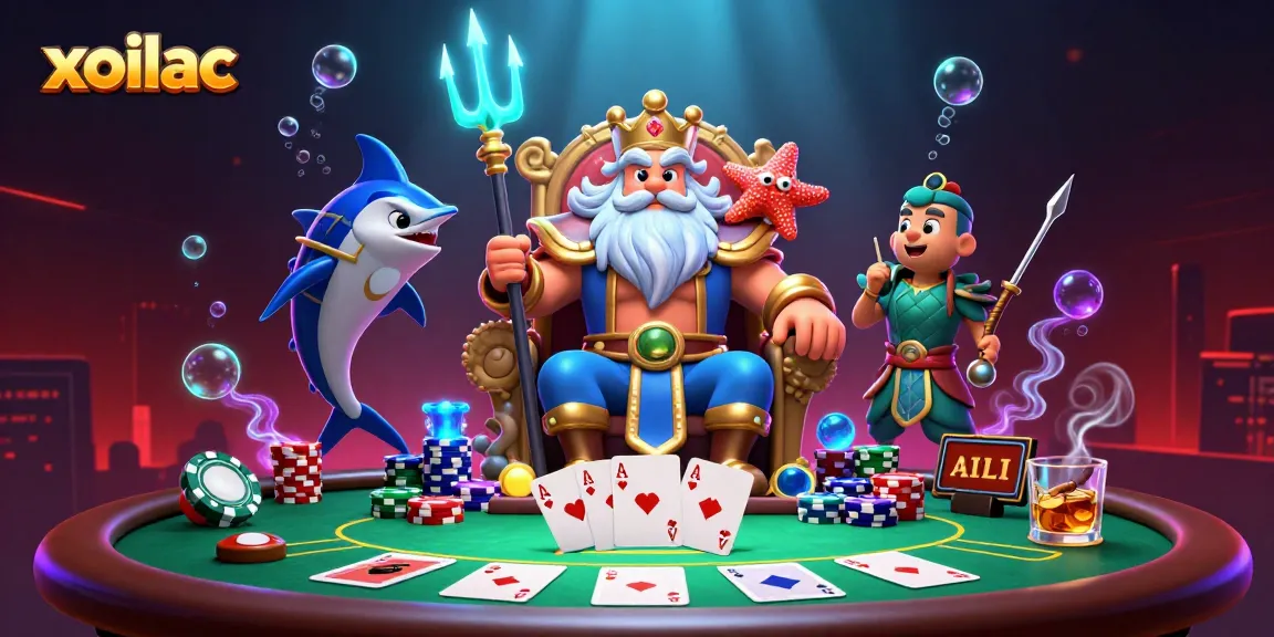Experience thrilling poker with xoilac, featuring Neptune and vibrant chips in a stunning underwater scene.