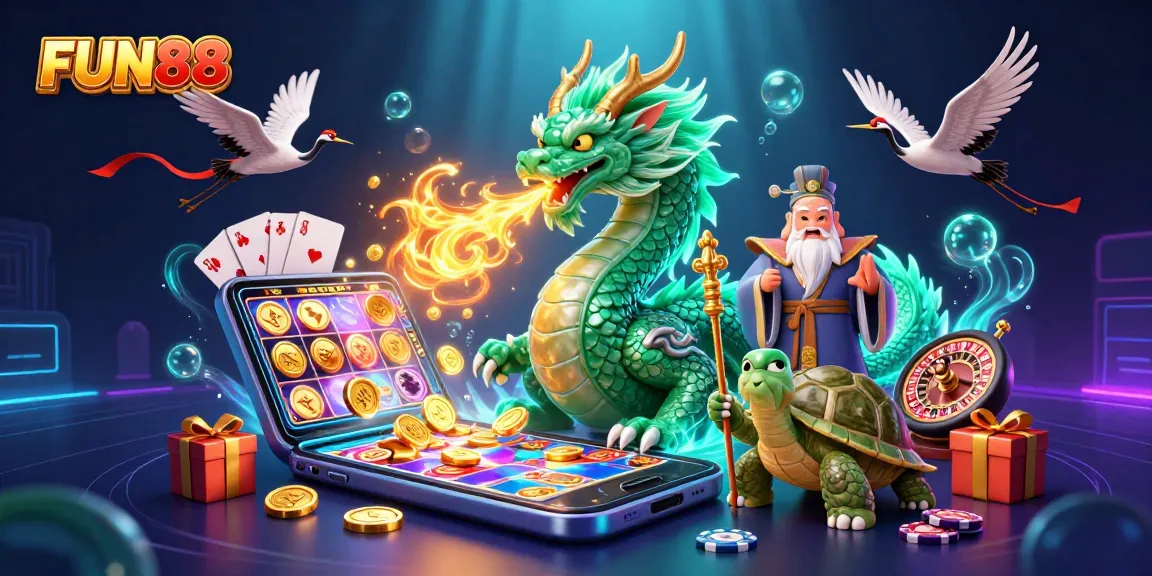Engage with FUN88 for an immersive gaming experience featuring a vibrant casino scene with dragons and slots.