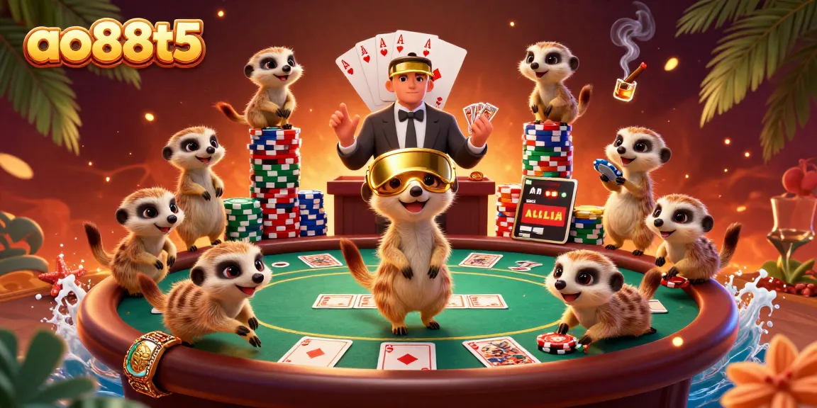 Experience thrilling gambling action at ao88t5 with cartoon meerkats running a lively casino scene.