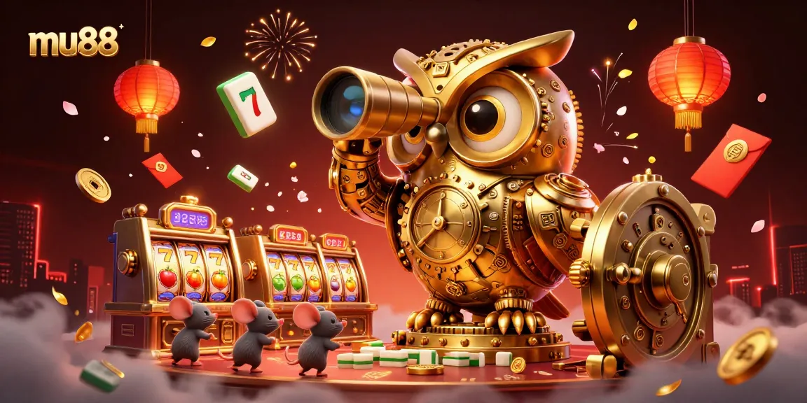 Experience mu88's vibrant casino floor with a golden owl and festive slot reels.