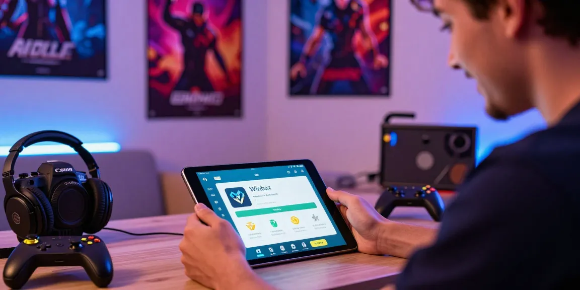 Winbox download latest version on tablet in vibrant gaming room atmosphere.