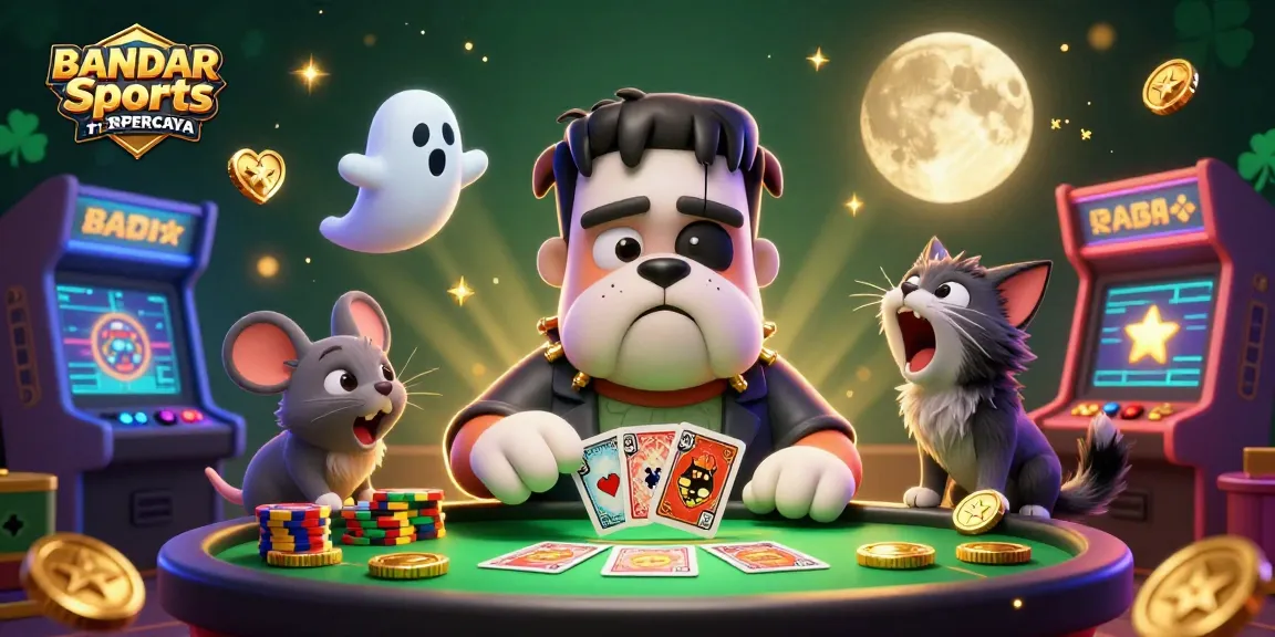 Experience thrilling gaming action with BANDAR Sports TERPERCAYA featuring a Frankenstein bulldog dealer and lively casino elements.