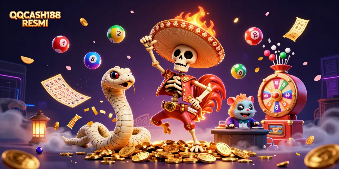 Engage in exciting gaming at QQCASH188 RESMI with vibrant lottery elements and energetic characters.