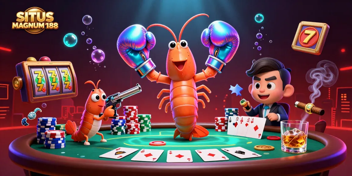 SITUS MAGNUM188 showcasing vibrant 3D gambling action with characters like mantis shrimp and poker elements.