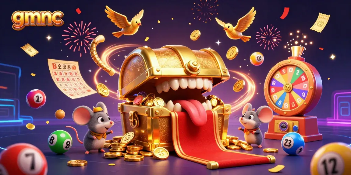 Engage with gmnc through an energetic lottery scene featuring vibrant game elements and characters.