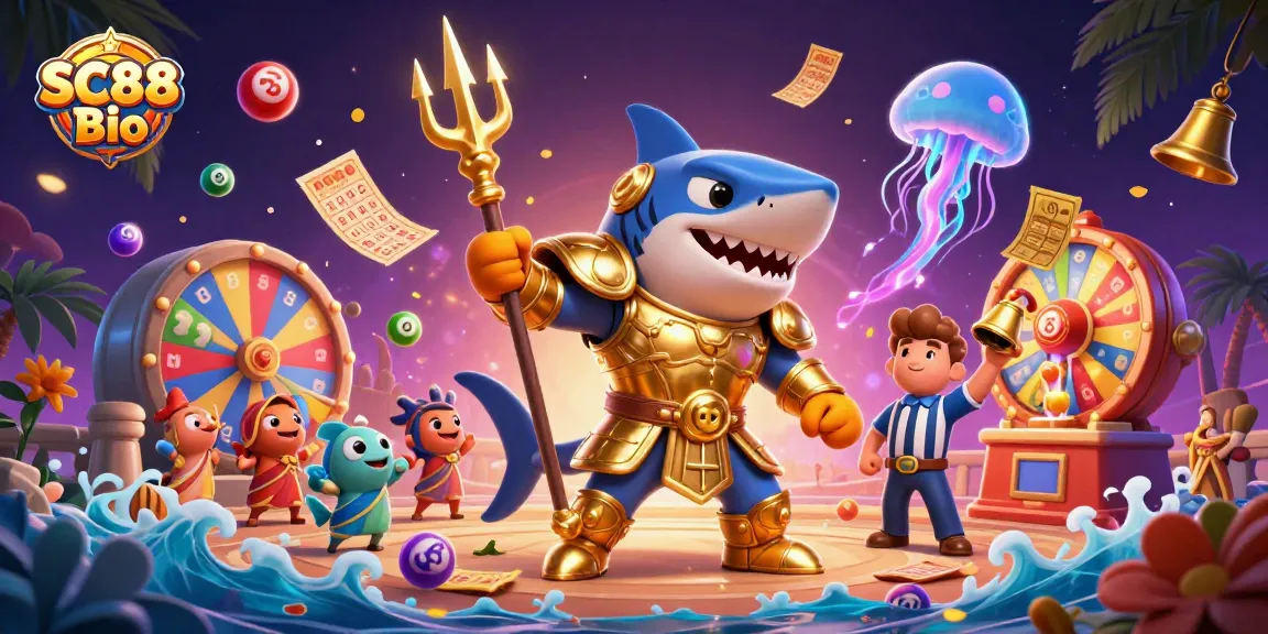 Win big at SC88 Bio featuring a tiger shark champion amidst lottery excitement in a vibrant underwater scene.