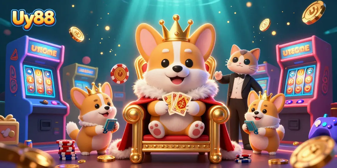 Engage with Uy88 at this vibrant 3D casino scene featuring a corgi on a throne made of poker chips.