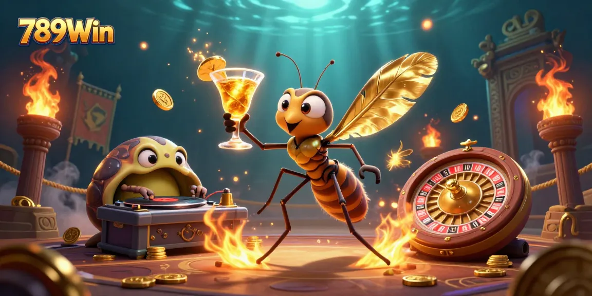 Experience the excitement of 789Win with a vibrant casino scene featuring a frozen-in-amber mosquito, trilobite DJ, and golden roulette wheel.