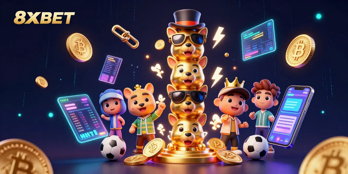 Engage with 8XBET in a dynamic 3D scene showcasing animated casino elements and cryptocurrency features.