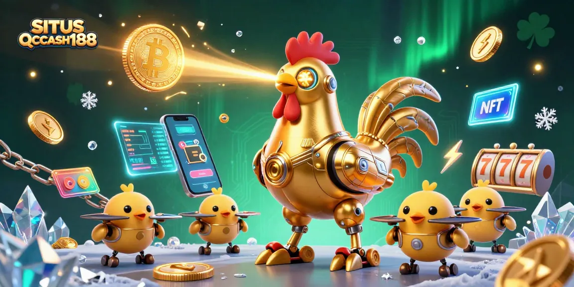 Engage in exciting gameplay at SITUS QQCASH188 with vibrant 3D illustrations of a golden rooster robot and baby chick drones amidst high-tech elements.