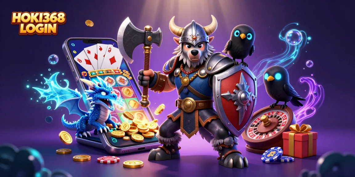 Spin your way to victory with HOKI368 LOGIN as golden coins and slot games come alive in a vibrant casino scene.