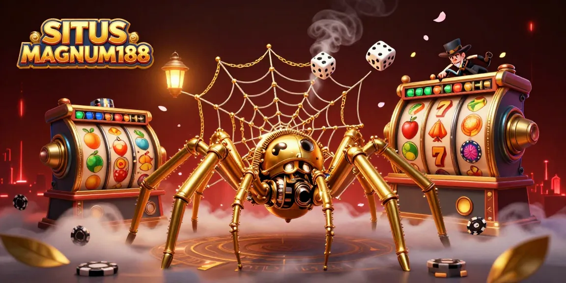 Engage with SITUS MAGNUM188 in a vibrant, dynamic online casino world filled with spinning slot reels and animated golden elements.