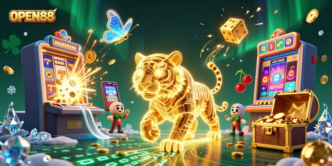 Experience OPEN88 in an immersive online casino, featuring a glowing golden tiger and bursting jackpot symbols.